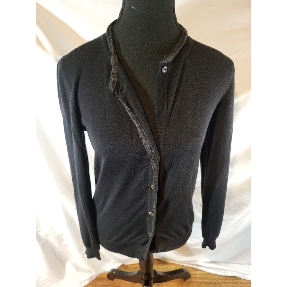 Prada Size 44 Black & Gray Trim Wool & Silk Blend Cardigan Read